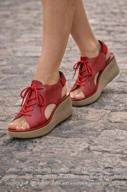 FLY London Red Leather Yifa Lace-Up Wedge Sandals